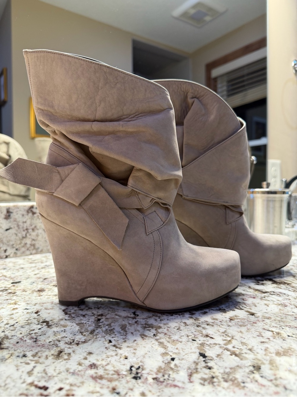 Vera Wang Lavender Label Suede Ankle Boots in Taupe with Bow